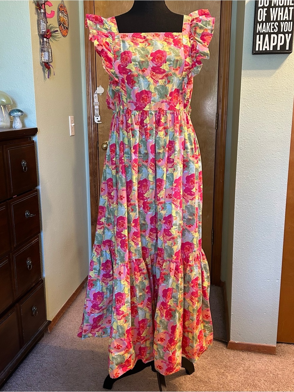 Peyton & Parker pink floral tiered maxi dress tie back design open back ruffle L